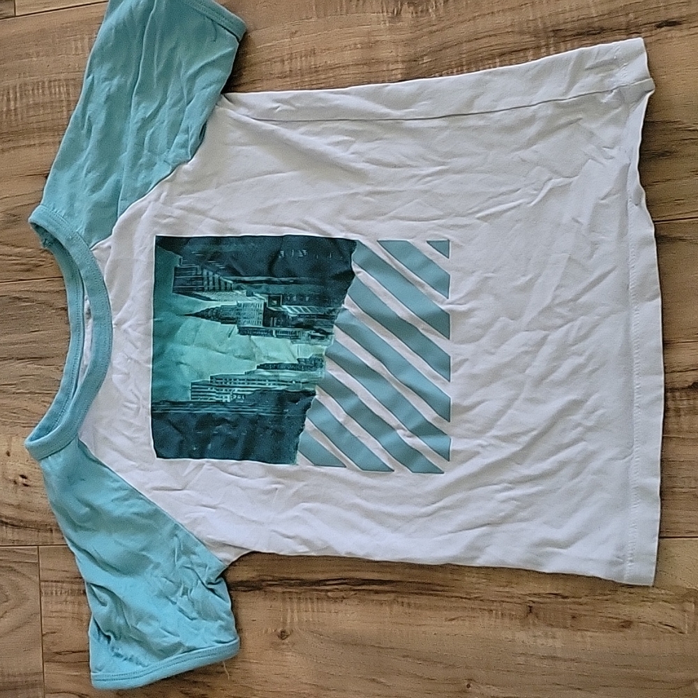 Kidpik, 5/6, white and light blue shirt with city pictured on front.
